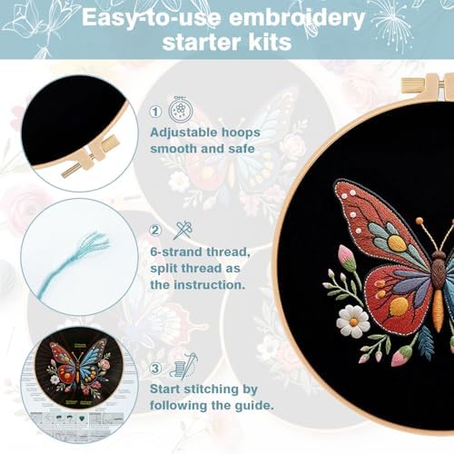 RidaaFri Embroidery Kit for Beginners, 3 Pk Stamped Butterfly DIY Craft - Image 7