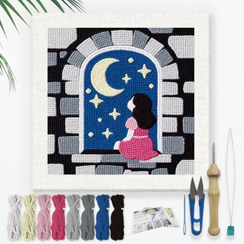 DOODLREAM Night Princess Punch Needle Kit for Beginner 9.4" x 9.4" by Doodlream