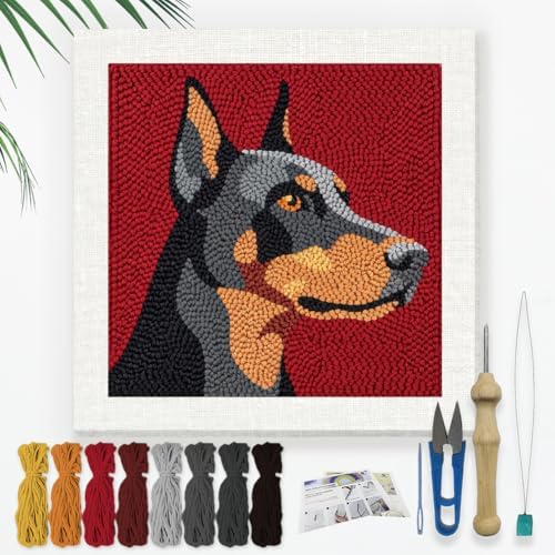 DOODLREAM Doberman Pinscher Dog Needle Kit for Beginner, 9.4"x 9.4" Pet Portrait Punch Stitching Craft Set, DIY Embroidery Starter with Printed Frame, Instruction, Threader, Yarn, Punch Needle by Doodlream