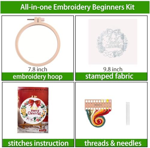 Topapfo Christmas Embroidery Kit for Beginners Adults, Needlepoint Cross Stitch Starters Kits Hand Embroider Craft with Embroidery Stitches Instructions Hoops Threads - Image 2