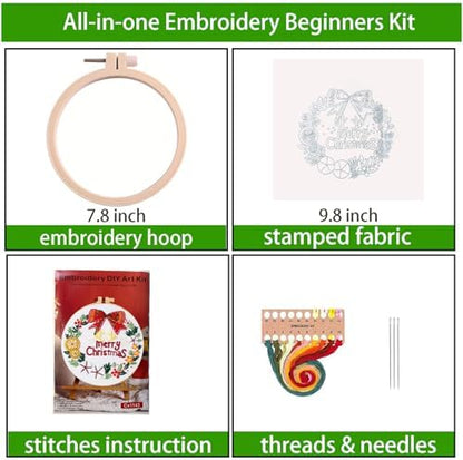 Topapfo Christmas Embroidery Kit for Beginners Adults, Needlepoint Cross Stitch Starters Kits Hand Embroider Craft with Embroidery Stitches Instructions Hoops Threads - Image 2