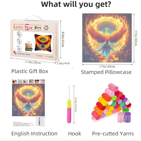 DIY Latch Hook Pillow Kits Phoenix Flying Colorful Flames Printed Pillowcase Crochet Yarns Hooking Handmade Pillow Cover Cushion for Home Sofa Decoration 17x17inch-2 - Image 2