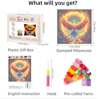 DIY Latch Hook Pillow Kits Phoenix Flying Colorful Flames Printed Pillowcase Crochet Yarns Hooking Handmade Pillow Cover Cushion for Home Sofa Decoration 17x17inch-2 - Image 2