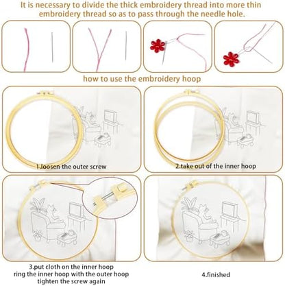 BEUNITONE 4 Set Embroidery Kit for Beginners, Daily Life of Cats Patterns Cross Stitch Kits, Needlepoint Kits for Adults with Hoop, Cute Hand Embroidery Patterns for Cloth and Home Decor - Image 3