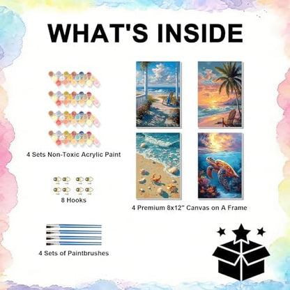 TBAIRO 4 Pack Framed Paint by Numbers Kit for Adults Beginner Beach DIY Painting Kits for Adults Sea Turtle Easy Adult Paint by Number Kits on Canvas for Wall Art Decor 8x12 Inch - Image 3