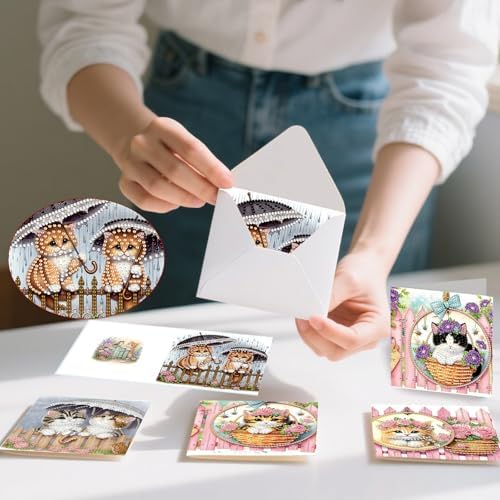 6pcs Rose Cats with Umbrella Diamond Art Painting Greeting Cards Kit with Envelopes, 5D DIY Special Shaped Card Making Kits for Adults, Holiday Birthday Postcards, Creative Craft Gifts - Image 6