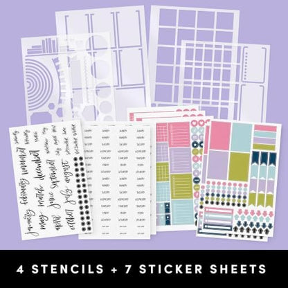 PAPERAGE Bullet Journal Kit, Dotted Journaling Set & Stationary Kit, Hardcover Dotted Journal Notebook (Blush), 12 fineliner Pens, 8 Sticker & 3 Stencil Sheets, 6 Washi Tapes - Image 4