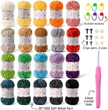 20 Pack Chenille Chunky Yarn - Baby Yarn for Crocheting Soft - White Black Brown Green Red Pink Blue Rainbow Velvet Yarns Crochet Blanket - Amigurumi Yarns Pack with Crochet Accessories B - Image 2