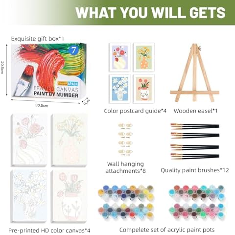4 Pack Framed Paint by Numbers Kit for Adults Beginner with Wooden Easel, Flowers Vase Easy Adult Paint by Number Kits with Frame, DIY Acrylic Number Painting for Adults for Home Decor Gift 8x12 Inch - Image 4