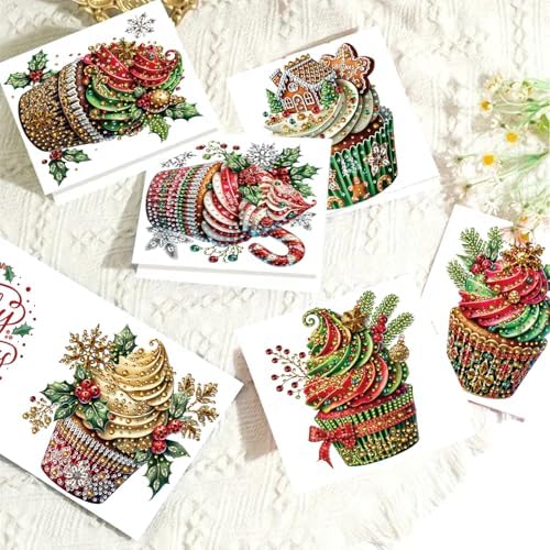6Pcs Christmas Greeting Card DIY Diamond Art Painting Greeting Cards Special Shaped Diamond Blessing Folding Card Kit Arts Crafts for Birthday Festival-Cupcake - Image 3