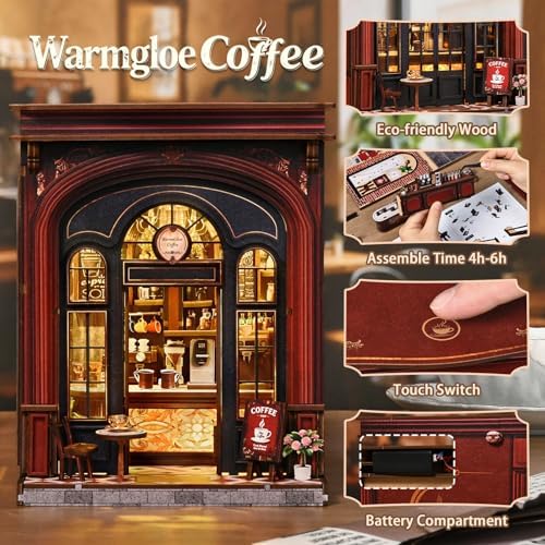 DIY Book Nook Kit, 3D Wooden Puzzle Miniature House with LED Light, Dollhouse Bookshelf Insert, Tiny House Model Building Kit, Unique Creative Gift for Adults and Teens (Warmglow Coffee) - Image 3