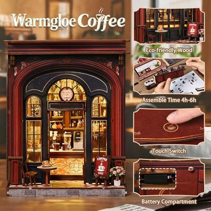 DIY Book Nook Kit, 3D Wooden Puzzle Miniature House with LED Light, Dollhouse Bookshelf Insert, Tiny House Model Building Kit, Unique Creative Gift for Adults and Teens (Warmglow Coffee) - Image 3