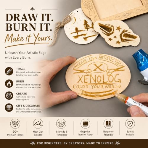 Xenolog Wood Burning Kit for Beginners - Complete 20+ Piece Pyrography Set with Heat Gun, Markers, 9 Wood Plaques, Stencils, Transfer Paper - Art Craft Gift for Adults, Teens, DIY Artists - Image 5