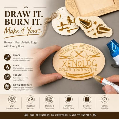 Xenolog Wood Burning Kit for Beginners - Complete 20+ Piece Pyrography Set with Heat Gun, Markers, 9 Wood Plaques, Stencils, Transfer Paper - Art Craft Gift for Adults, Teens, DIY Artists - Image 5