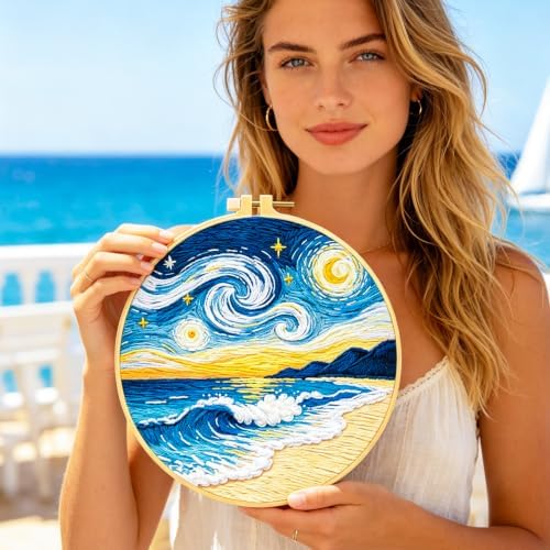 BEUNITONE 4pcs Embroidery Kit, Starry Sky & Beach Stamped Embroidery Kits with Hoop, Thread & Needles, Cross Stitch Kits Sewing Gifts for Adults and Beginners, DIY Craft for Relaxation - Image 5