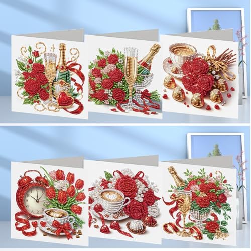jinglinhh 6pcs Valentine's Day Rose Flower Champagne Tulip Coffee Diamond Art Painting Greeting Cards with Envelopes, DIY Card Making Kits for Adults, Diamond Art Postcards Holiday Cards Craft Gifts - Image 4