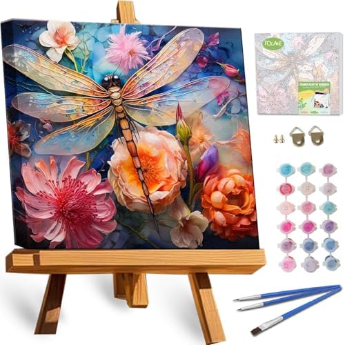 TOCARE Framed Paint by Numbers Kit for Adults Beginners,12x12inch Dragonfly Paint by Number with Frame,Flowers Paint by Numbers Framed Canvas(Without Easel) by TOCAREDirect