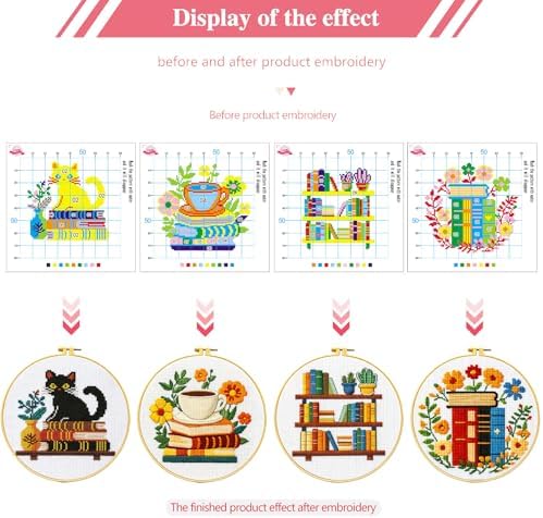 Zhenqing 4 Themes Cross Stitch Kit Set - 11CT 9.45x9.45Inch, Coffee/Books/Cats/Floral Designs, DIY Embroidery Kit with Full Tools (Hoops, Scissors, Tassels) & Guide, Cozy Home Decor Gift(69601) - Image 5