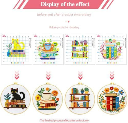 Zhenqing 4 Themes Cross Stitch Kit Set - 11CT 9.45x9.45Inch, Coffee/Books/Cats/Floral Designs, DIY Embroidery Kit with Full Tools (Hoops, Scissors, Tassels) & Guide, Cozy Home Decor Gift(69601) - Image 5