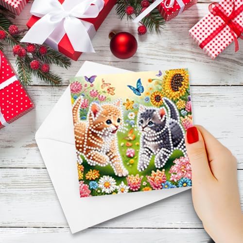 jinglinhh 6pcs Diamond Art Painting Sunflower Daisy Flowers Cat Greeting Cards with Envelopes, DIY Card Making Kits for Adults, Diamond Art Postcards Christmas Cards Craft Gifts - Image 5