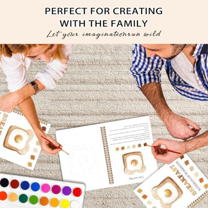 Breakfast Watercolor Workbook, Water Coloring Book, 12 Patterns, 18 Colors Watercolor Paint Set, Breakfast Buddies Watercolor Kit for Beginners, Fun Family Art Activity and Gift - Image 6