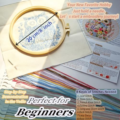 FONNUY Floral Owl Embroidery Kit for Beginners, DIY Handmade Flower Animal Embroidery Set with Hoop, Stamped Cross Stitch Kit for Adults, Unique Home Wall Art Decor & Craft Gift (Colorful) - Image 5