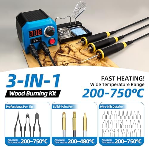 FIRElood LH55-Z2-NS3 wood burning pen Wood Burning Tool Pen 200~750℃, Wood Burning kit with Digital Thermometer,3 pyrographic Wood Burning pens, 3 solid copper pen tips, 33 Wood Burning Pen Tips - Image 3