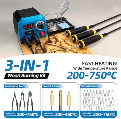 FIRElood LH55-Z2-NS3 wood burning pen Wood Burning Tool Pen 200~750℃, Wood Burning kit with Digital Thermometer,3 pyrographic Wood Burning pens, 3 solid copper pen tips, 33 Wood Burning Pen Tips - Image 3