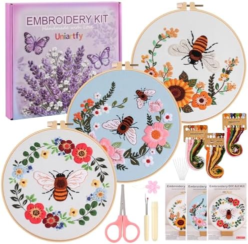 Uniartfy 3 Pack Bee Flower Embroidery Kits for Beginners, Cross Stitch Kit for Adults, DIY Needlepoint with Embroidery Hoop, Tools, Easy to Learn Video & Instructions, Hand Embroidery Starter Kit by Uniartfy