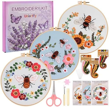 Uniartfy 3 Pack Bee Flower Embroidery Kits for Beginners, Cross Stitch Kit for Adults, DIY Needlepoint with Embroidery Hoop, Tools, Easy to Learn Video & Instructions, Hand Embroidery Starter Kit by Uniartfy