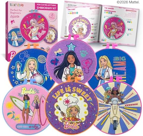 Barbie® Embroidery Kit for Kids Ages 8-12 - 8 Beginner Designs, 2 Hoops by Craftiloo