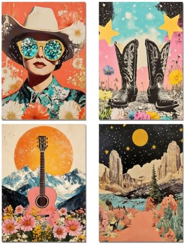 sdfkmlcdl 70s Retro Western Diamond Art Kits for Adults, Boho Western Cowgirl Boots Guitar Celestial Full Drill Diamond Painting Kits for Adults Beginners 4 Pack, 12x16 Inch by Unknown