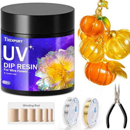Teexpert UV Resin Dip for Wire Flowers Kit, 100g Crystal Clear UV Dip Resin with Pliers, 2Pcs 31FT Wires for Wire Shapes, Fast Cure Thick Glue for Jewelry Making, Holiday Surprise for DIY Art Crafts by Teexpert