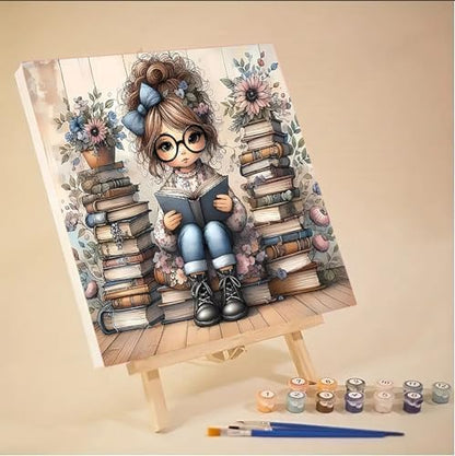 MaiMMaledy Paint by Numbers Kit for Adults Beginners with Framed Canvas Pictures Drawing Painting Acrylic Pigment with Wooden Triangle Easel 10Lx10W inch Reading Girl - Image 2