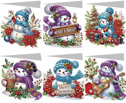 jinglinhh 6pcs Diamond Art Painting Christmas Snowman Poinsettia Greeting Cards with Envelopes, DIY Card Making Kits for Adults, Diamond Art Postcards Christmas Cards Craft Gifts by Unknown
