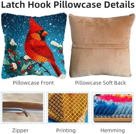 Cardinal Bird on Christmas Red Flower Latch Hook Pillow Kits for Adults DIY Pillow Cover Printed Pillowcase Crochet Yarns Hooking Handmade Cushion for Home Sofa Decor 17x17inch(4) - Image 3