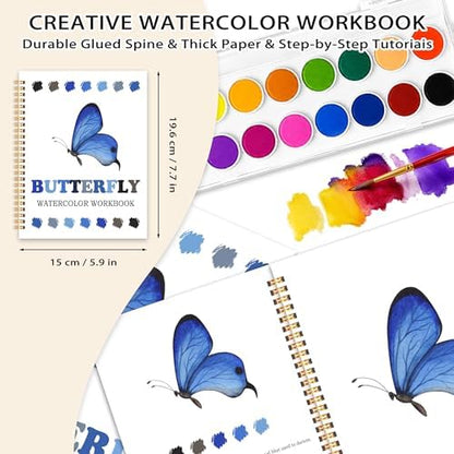 Butterfly Watercolor Workbook, Water Coloring Book, Easy 12 Patterns Watercolor Kit for Beginners, 18 Colors Watercolors Paint Set, Relaxing DIY Art Gift for Adults and Women Teen - Image 2
