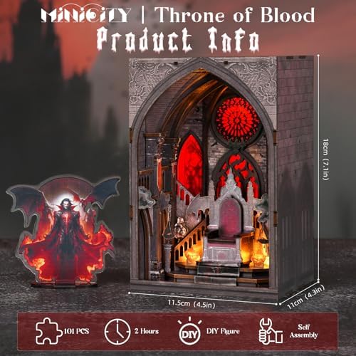MiniCity Book Nook Kit, Gothic 3D Wooden Puzzle Dollhouse with LED Light, Laser Film Craft Book Shelf Insert Decor, 101Pcs DIY Assembly Model with Full Tools & Color Instruction - Throne of Blood - Image 2