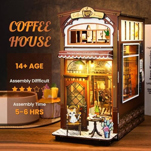 DIY Book Nook Kit Coffee Shop 3D Puzzle Wooden Dollhouse with LED Lights - Image 4