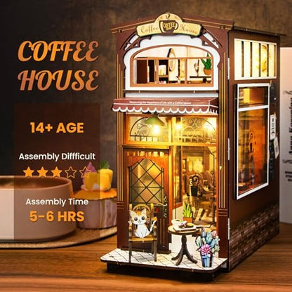 DIY Book Nook Kit Coffee Shop 3D Puzzle Wooden Dollhouse with LED Lights - Image 4