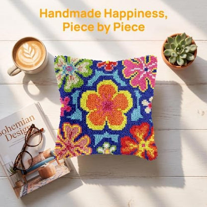 Latch Hook Kits for Adults Beginner,17x17 inch Butterfly Floral DIY Crochet Pillow Cover Kit Pre-Printed Pillowcase Hook and Latch Kit Needlework Cushion Cover for Home Sofa Decor (Lovely Flowers) - Image 2