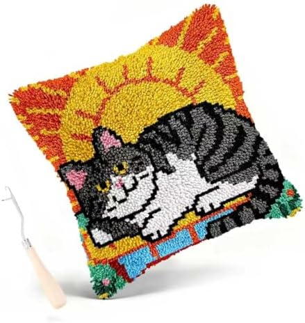 Miaceito Cat Latch Hook Kit for Beginners, DIY Pre-Printed Latch Hook Pillow Kit with Wooden Hook, 17x17 Inch Latch Hook Rug Kit Home Decor Sofa Cushion by Unknown
