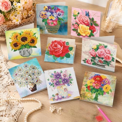 8PCS Vase DIY Greeting Card Kits with Envelopes Diamond Art Greeting Cards Diamond Art Cards Kits for Adults DIY Crafts Family Friend Gifts - Image 7