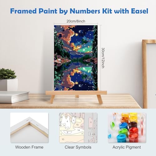 MOGTAA Starry Sky Paint by Numbers Kit for Adults Beginners with Frame, Lake and Mountains Adult Paint by Number Kits on Canvas with Easel, Easy DIY Oil Painting Kits for Home Decor, 8x12in - Image 2