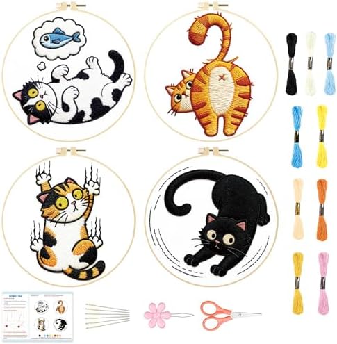 BEUNITONE 4PCS Fun and Funny Cat Embroidery Kit for Beginners, Cute Pre-Print Cat Pattern Hand Embroidery Kits with Hoop and Instruction, DIY Needlepoint Craft Kit for Gifts and Home Decor by BEUNITONE
