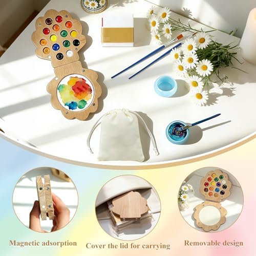 EVOCKAY Mini Watercolor Paint Palette with Clip Perfect for Artists, Painters & Students - Wooden Travel Kit 24 Colors-15 Grids（shell-shaped walunt） - Image 4