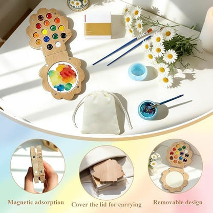 EVOCKAY Mini Watercolor Paint Palette with Clip Perfect for Artists, Painters & Students - Wooden Travel Kit 24 Colors-15 Grids（shell-shaped walunt） - Image 4