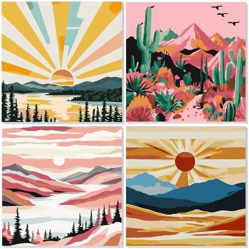 NAIMOER 4 Pack Sunset Paint by Numbers Kits for Adults Beginner with Wooden Framed, Color by Numbers on Canvas Painting Kits for Adults, Easy Paint DIY Acrylic for Home Wall Decor 8X8 Inch by NAIMOER