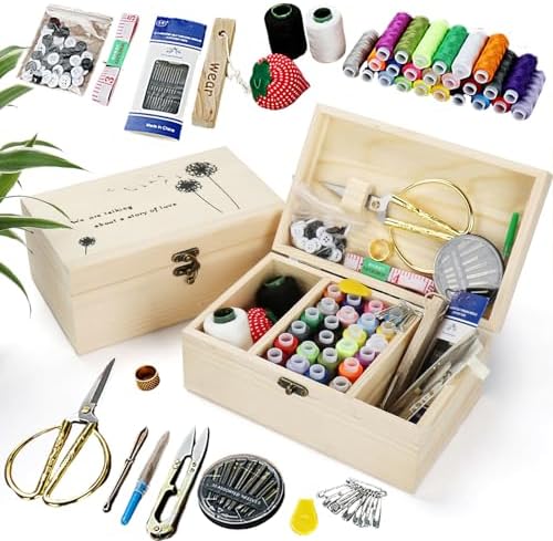 MKNZOME Wooden Sewing Basket - Sewing Box with Supplies for Travel Home by MKNZOME