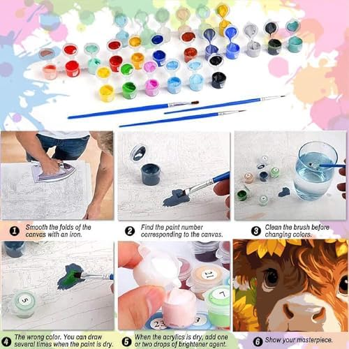 AALBLAC Cow Paint by Numbers Kit for Adults Beginners, Highland Cow Flower Paint by Number for Adults, Easy Animal Acrylic Painting by Numbers for Home Wall Decoration (16x16 inch) - Image 7